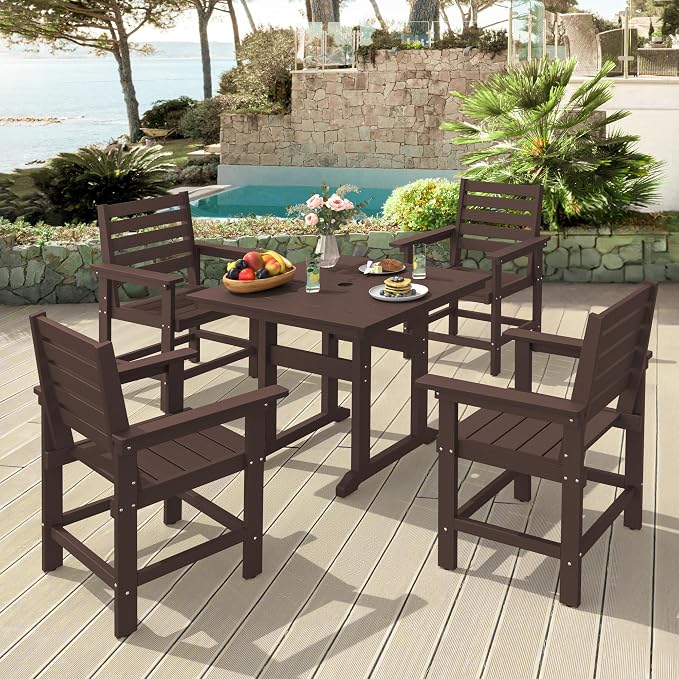Patio Dining Chairs Set of 2, HDPS Weather Resistant Outdoor Chairs with Armrest, Heavy Duty 300LBS Support Patio Chairs for Backyard Deck Porch Balcony, Dark Brown