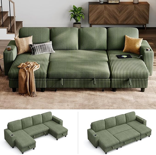 LINSY HOME Sectional Sleeper Sofa Pull Out Couches for Living Room (Green, Sleeper Sofa 3) | Pull Out Sofa Bed, Storage, USB Charging, Cup Holders, Plush Corduroy