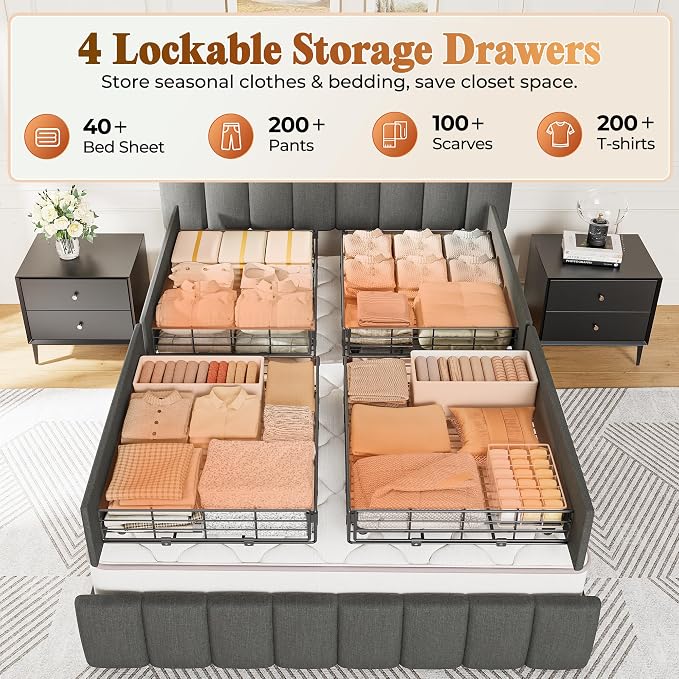 PRAISUN Bed Frame Full Size with Upholstered Headboard & Charging Station, Full Size Metal Bed Frame with 4 Storage Drawers, 2-Tier Open Shelves, No Box Spring Needed, Slient Foam Strip, Grey