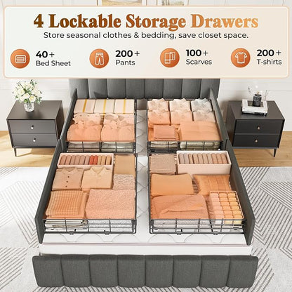 PRAISUN Bed Frame Full Size with Upholstered Headboard & Charging Station, Full Size Metal Bed Frame with 4 Storage Drawers, 2-Tier Open Shelves, No Box Spring Needed, Slient Foam Strip, Grey