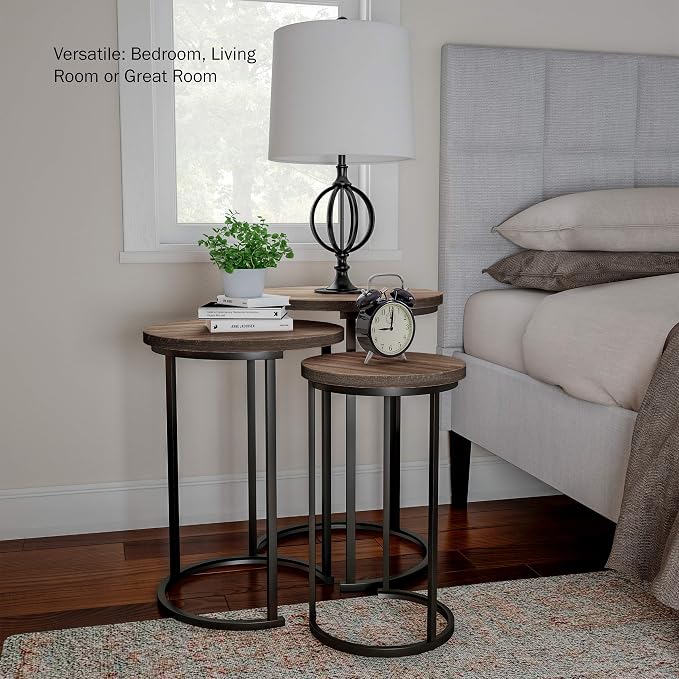 Lavish Home Nesting Tables - Set of 3 Round Side Tables for Living Room, Bedroom, or Home Office - Woodgrain-Look End Table Set - Modern Living Room Furniture (Gray/Brown)
