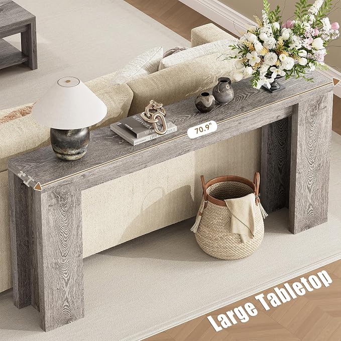 70.9 Inch Extra Long Console Table, Farmhouse Entryway Table with Thickened Base, Wood Sofa Table Behind Couch Table, Narrow Entry way Accent Table for Living Room, Hallway, Entrance, Foyer, Grey