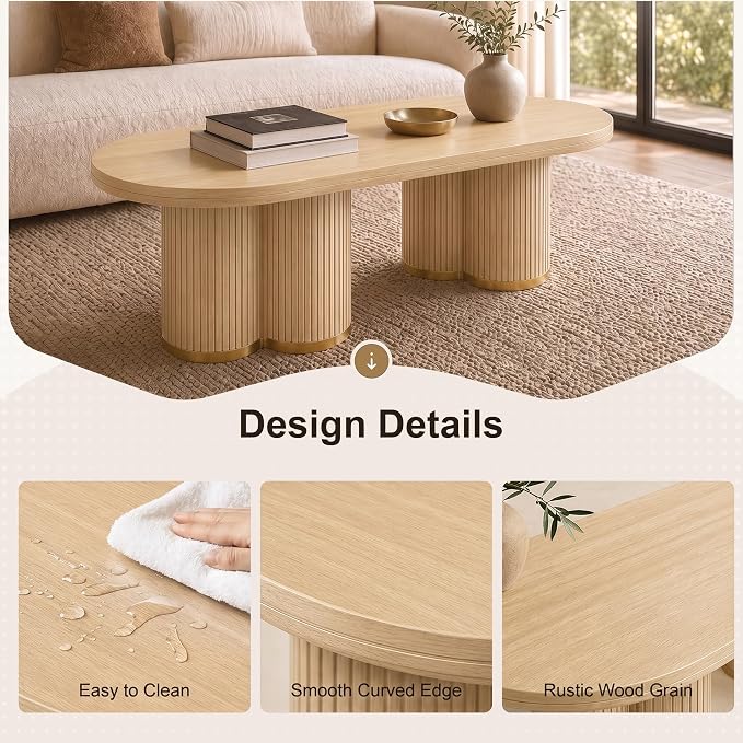 YOSHOOT Oval Fluted Coffee Tables for Living Room, 47" Wood Coffee Table | Modern Coffee Table for Living Room Home Office, Farmhouse Center Table, Oak