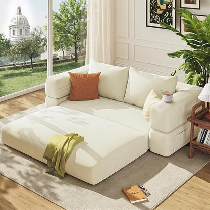 75'' Folding Convertible Sofa Bed with Large Pillow, 4-in-1 Foldable Pull Out Futon Sofa Bed, Chenille Boneless Mattress Couch, No Assembly Floor Sleeper Sofa Bed for Living Room/Bedroom, Beige