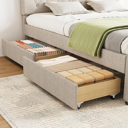 Queen Bed Frame with 2 Wood Storage Drawers & Pull‑Out Trundle Bed,Upholstered Platform Bed Frame Queen Size with Adjustable Headboard,Wooden Slats Support,No Box Spring Needed,Taupe
