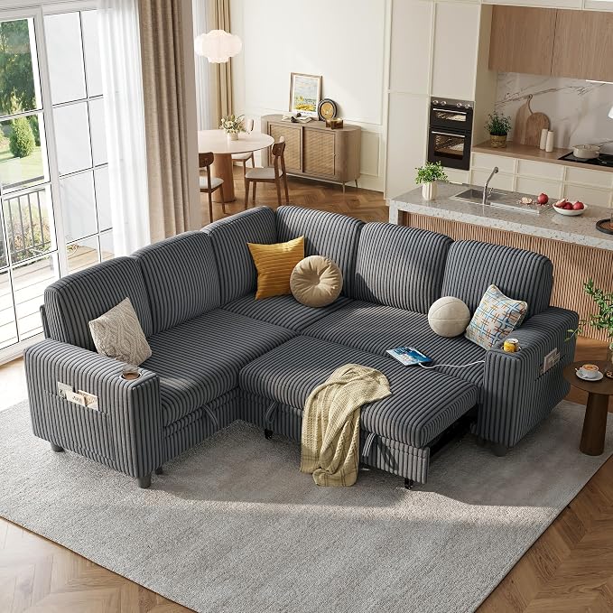 LINSY HOME 81" Modular Sectional Couch with Pull Out Bed, L Shaped 5 Seats Sofa with Storage Loveseat, Corduroy Convertible Sofa Bed, USB, Cup Holders, Side Pocket, Sleeper Sofa for Living Room, Grey