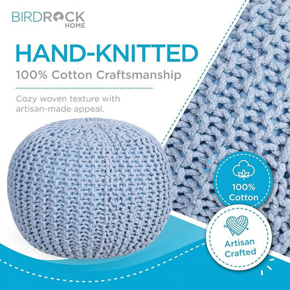 BIRDROCK HOME Round Pouf Ottoman Foot Rest - 18.5”x18.5”x15” Boho Compact Comfortable Soft Cotton Braided Foot Stool with Bean Bag Filling for Living Room, Bedroom, or Nursery (Soft Blue)