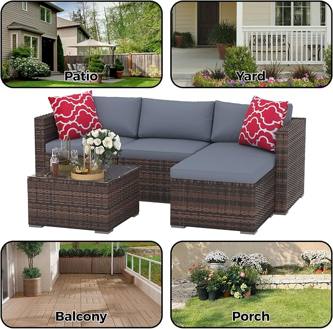 Patio Furniture Set 4 Pieces, Outdoor Patio Furniture Set with Rattan Wicker Chairs, Glass Table and Cushions for Porch, Balcony, Backyard, Garden, Poolside, Brown & Red (Brown + Light Grey, 5 Pieces)