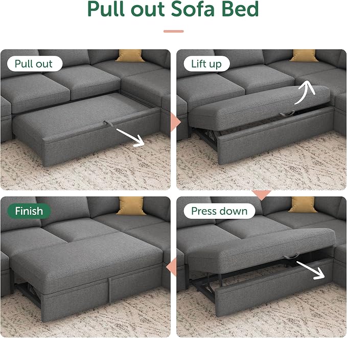 HONBAY Sleeper Sectional Couch with Pull Out Bed, Modular Sleeper Sofa with Storage, U Shaped Sectional Couches for Living Room, Dark Grey