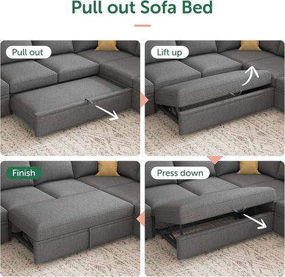 HONBAY Sectional Sleeper Sofa with Pull Out Bed, U Shaped Couch with Storage, Modular Sectional Couches for Living Room, Dark Grey