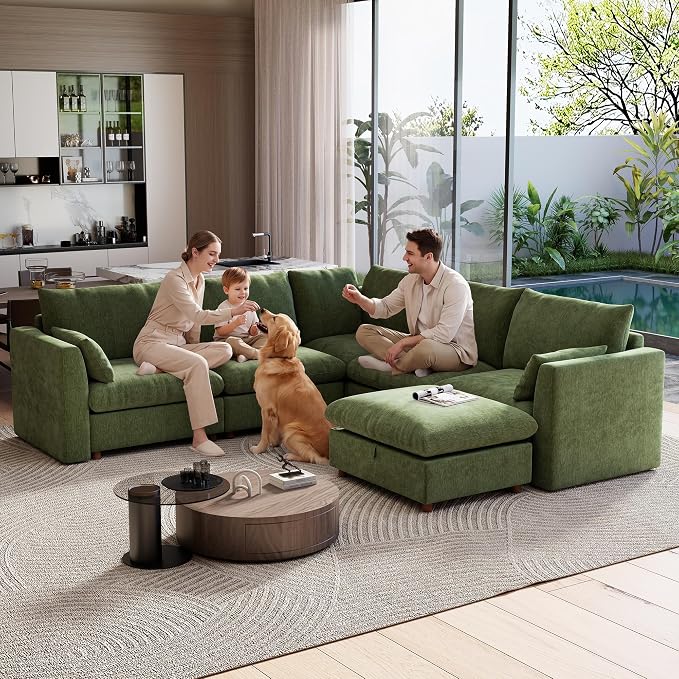 Ihanherry 111" Oversized Modular Sectional Sofa, Modern V Shaped Cloud Couch with Storage Ottoman, 6-Seat Comfy Chenille Deep Seat Sofa with 2 Pillows for Living Room, Green