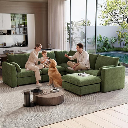 Ihanherry 111" Oversized Modular Sectional Sofa, Modern V Shaped Cloud Couch with Storage Ottoman, 6-Seat Comfy Chenille Deep Seat Sofa with 2 Pillows for Living Room, Green