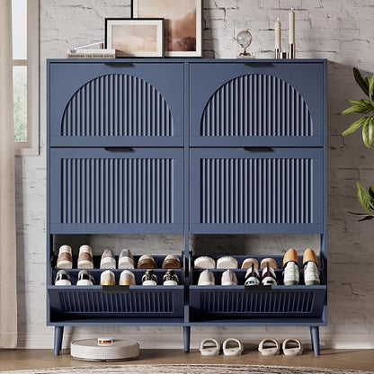 Xixini Shoe Storage Cabinet with 6 Flip Drawers, 50" Tall Narrow Wood Fluted Shoe Organizer for Entryway, Freestanding Wooden Hidden Slim Shoe Rack for Front Door Entrance, Hallway, Foyer, Navy Blue