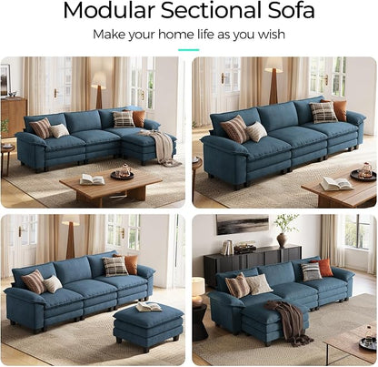 LINSY HOME 123'' Modular Sectional Sofa 3 Seat Couch Corduroy Cloud Couch with Deep Seat, Modern L-Shaped Cloud Couch with 1 Movable Ottoman for Living Room, Office, Bedroom, Blue