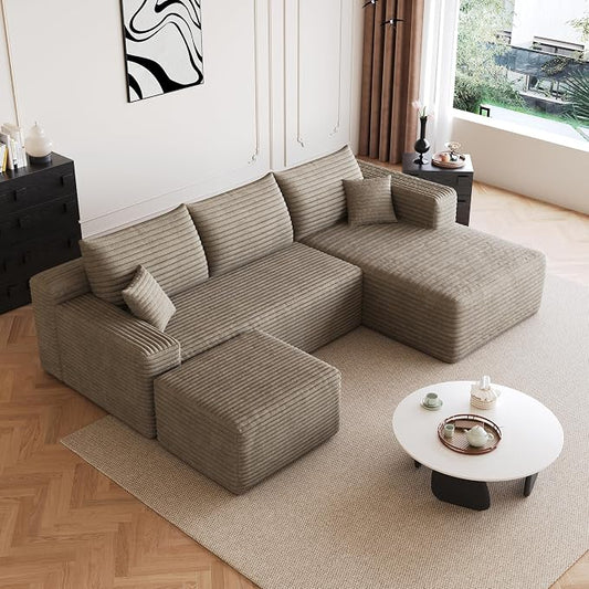 95" Cloud Boneless Sectional Sofa Couch with Chaise Lounge and Ottoman, Modern Corduroy Right Facing Modular Sectional Sofa Compressed Corner Couch with Deep Seat, No Assembly Required
