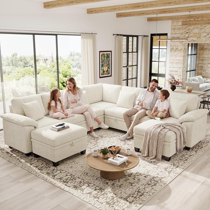 Ihanherry 108" Modular Sectional Sofa with Pull Out Bed, 9-Seater U Shaped Sectional Sleeper Couch with Storage, Chenille Convertible Couches for Living Room, Apartment (Beige)