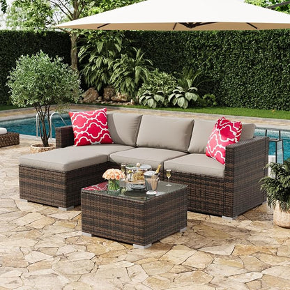 5 Piece Outdoor Patio Furniture Set, Rattan Deck Conversation Sofa Set with Non-Slip Cushions, All-Weather Sectional Sofa with Glass Storage Table and Balcony Footstool, Poolside, Garden, Brown+Gray