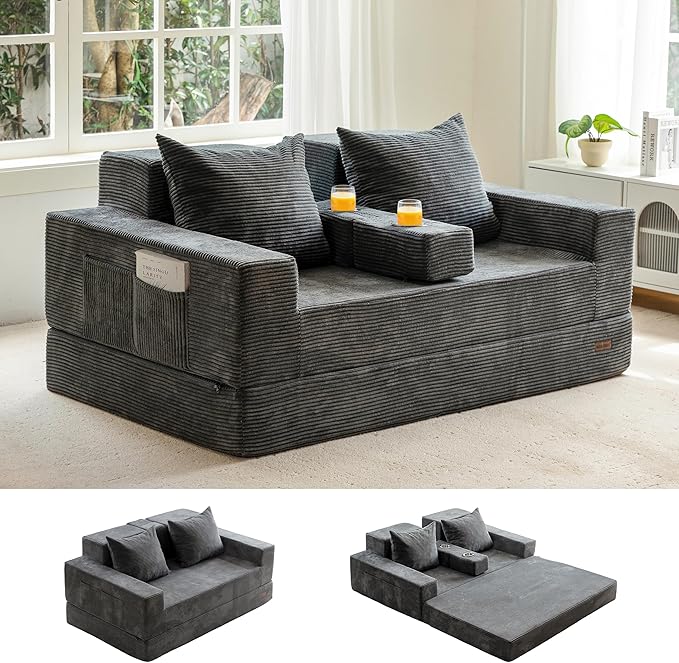 MAXYOYO Loveseat Sofa Bed, 64" Foldable Floor Sofa Couch in A Box with 2 Cup Holders, 4 in 1 Convertible Boneless Couch Folding Recliner Chair for Living Room, Grey