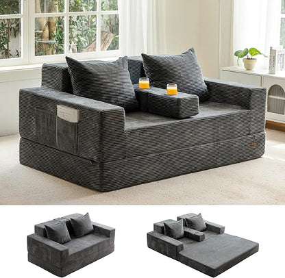 MAXYOYO Loveseat Sofa Bed, 64" Foldable Floor Sofa Couch in A Box with 2 Cup Holders, 4 in 1 Convertible Boneless Couch Folding Recliner Chair for Living Room, Grey