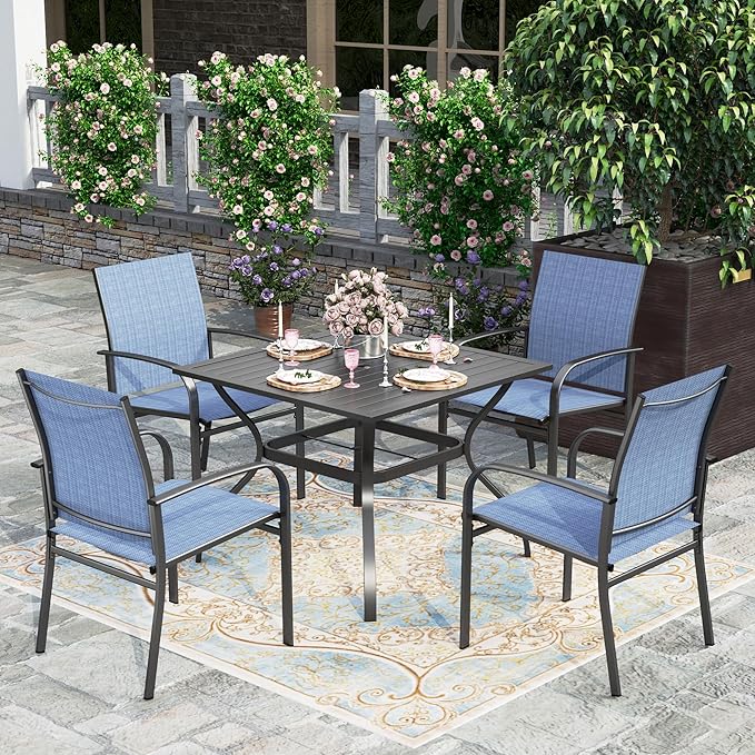 5pc Patio Dining Set for 4, Outdoor 37” Square Metal Table & 4 Blue Chairs | Textilene chairs + square steel table with umbrella hole. Waterproof, stain-resistant & wipe-clean. Ideal for backyard, porch