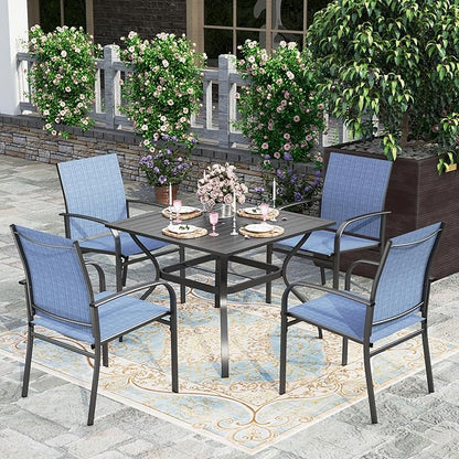 5pc Patio Dining Set for 4, Outdoor 37” Square Metal Table & 4 Blue Chairs | Textilene chairs + square steel table with umbrella hole. Waterproof, stain-resistant & wipe-clean. Ideal for backyard, porch