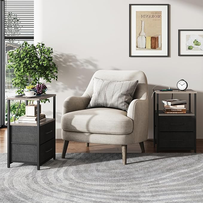 TUTOTAK End Table with Charging Station, Side Table with 2 USB Ports and Outlets, Nightstand with Cloth Drawer, Set of 2, Couch Table, Greige TB01BG052