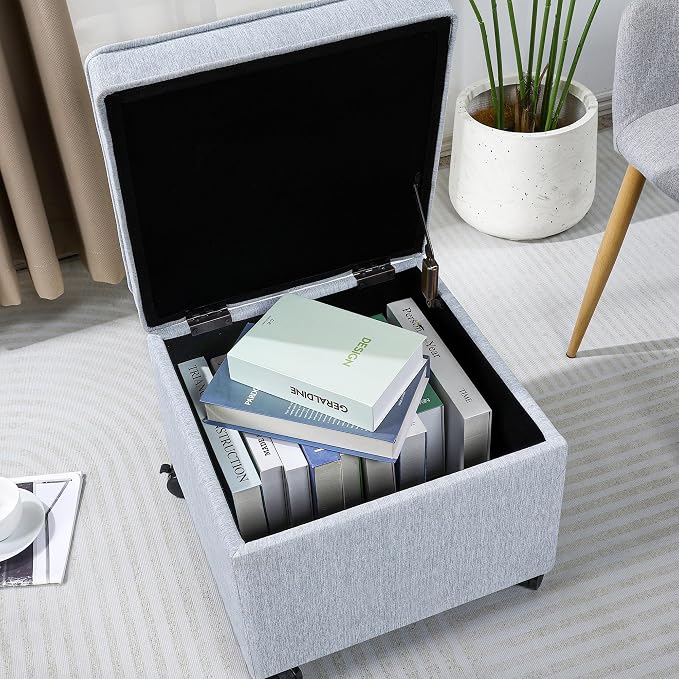 Adeco 17.5 inch Square Storage Ottoman with Wheels & Flip Top Lid, Upholstered Linen Foot Rest Stool, Small Coffee Table for Living Room & Bedroom, Ice Blue