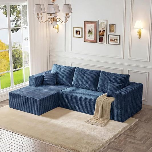 92.5" Modualr Sectional Sofa, L-Shape Corduroy Sectional Cloud Couch with Chaise, Upholstered Memory Foam Boneless Couch for Living Room, No Need Assembly - Blue(Left Facing Chaise)