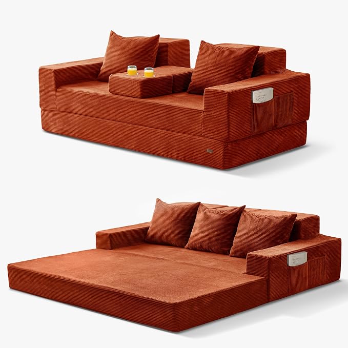 MAXYOYO Convertible Sofa Bed, 80" Oversized Boneless Loveseat Couch 4 in 1 Foldable Floor Sofa Couch in A Box with 2 Cup Holders, Folding Chair for Living Room, No Assembly Required, Orange