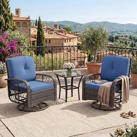 Garvee 3 Pieces Patio Furniture Set, Outdoor Swivel Glider Rocker Set w/Washable Cushion and Tempered Glass Tabletop, Conversation Furniture for Deck Porch Balcony Backyard Garden,Gray & Blue