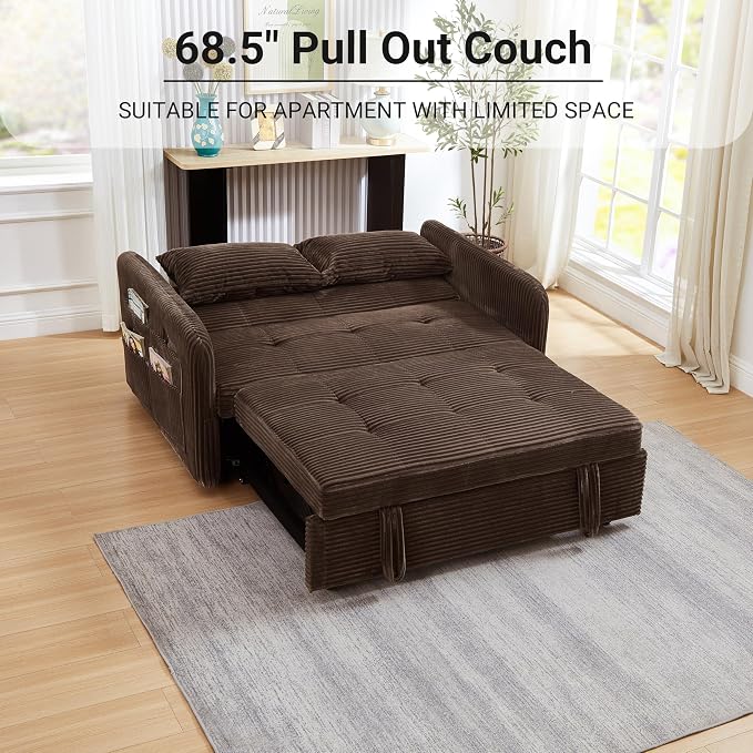 55.5" Corduroy Convertible Sofa Bed, Pull Out Sleeper Sofa Bed, Loveseat Couch with USB Charging Ports, 3 in 1 Convertible Sleeper Sofa Bed for Living Room, Apartment, Bedroom, RV, Brown