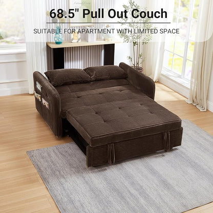 55.5" Corduroy Convertible Sofa Bed, Pull Out Sleeper Sofa Bed, Loveseat Couch with USB Charging Ports, 3 in 1 Convertible Sleeper Sofa Bed for Living Room, Apartment, Bedroom, RV, Brown