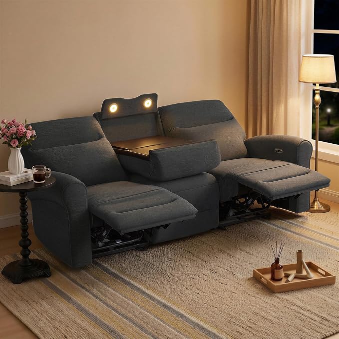 MCombo 87.8" Wall Hugger Power Reclining Sofa with Drop Down Table, 3-Seater Recliner Couch for Small Spaces Living Room RV, USB Ports, Fabric PR635M3 (Dark Grey)