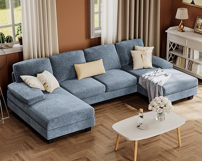 Furmax Sectional Couches for Living Room, U-Shaped Sofa Couch with Linen Fabric, 4 Seat Sofa Set with Double Chaise for Apartment (Chenille, Light Blue)