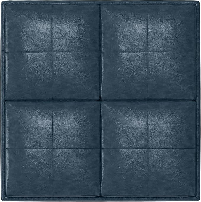 SIMPLIHOME Avalon 35 inch Wide Contemporary Square Coffee Table Storage Ottoman in Denim Blue Vegan Faux Leather, Assembled, For the Living Room and Bedroom