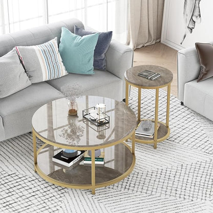 WiberWi Round Side Table Set of 2, Modern Nightstand End Table with Gold Metal Frame &Faux Marble Top, Accent Bedside Table for Living Room Bedroom Small Spaces with Storage Open Shelf, Grey