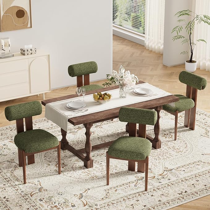 MALOL Modern Wooden Dining Chairs Set of 6, Upholstered Fabric Kitchen Chairs with Sculptural Backrest, Mid-Century Farmhouse Dining Room Chairs with Solid Wood Legs, Green