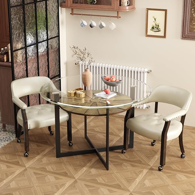 LEEMTORIG Large Dining Chairs with Casters and Arms, Rolling Dining Chairs with Wheels, Solid Wood Office Desk Chairs, 26“Dx25.2 Wx31.5“H, Espresso Legs & Beige PU, XXY-1910-BG