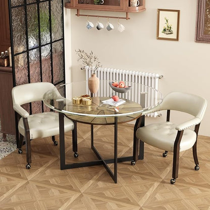 LEEMTORIG Large Dining Chairs with Casters and Arms, Rolling Dining Chairs with Wheels, Solid Wood Office Desk Chairs, 26“Dx25.2 Wx31.5“H, Espresso Legs & Beige PU, XXY-1910-BG