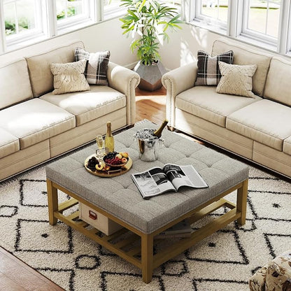Befurtori Large Square Ottoman Coffee Table, Linen Solid Upholstered Footrest Ottoman with Solid Wood Shelf Storage Tufted Coffee Table for Bedroom Living Room, Gray Linen