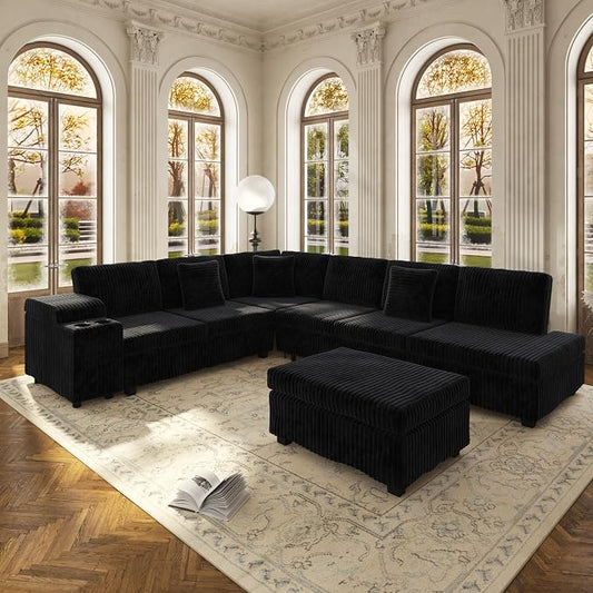 KEIKI 110" L-Shaped Oversized Plush Corduroy Modular Sectional Sofa with Pull-Out Bed, Convertible 6-Seater Sleeper Couch Bed with 1 Ottomans & USB & Cup Holders, Easy Assembly, for Living Room, Black