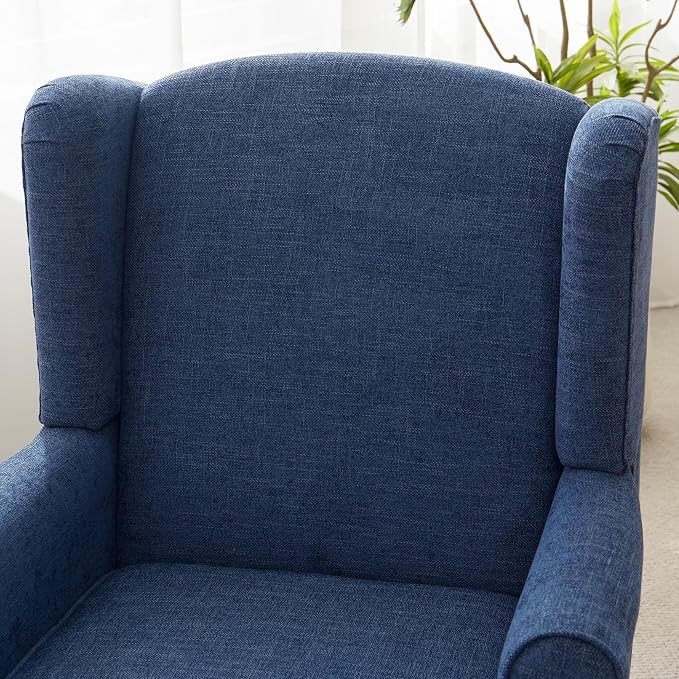 HUIMO Printed Wingback Accent Chair, Linen Upholstered High Back Armchair, Comfy Reading Chair for Living Room Bedroom Study, 300lbs Weight Capacity (2, Navy Blue)