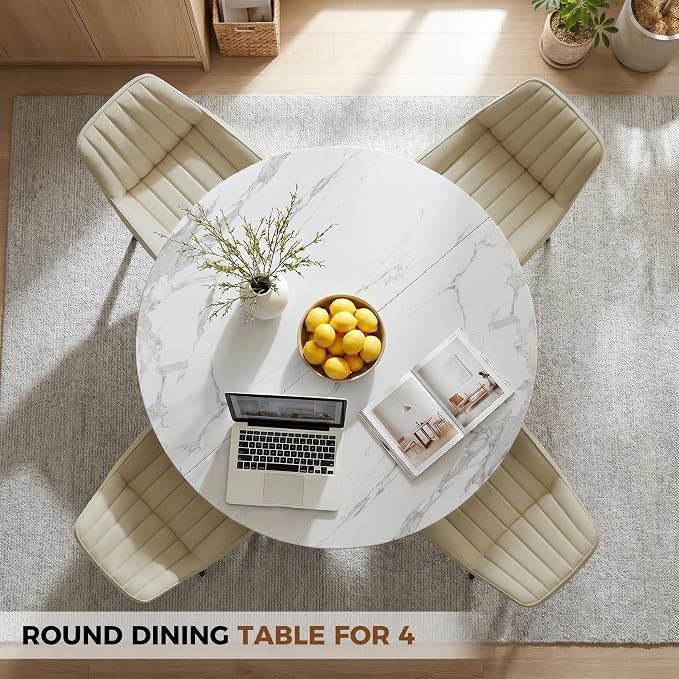 47.3 Inch Round Dining Table Set for 4, Round Kitchen Table with Chairs, Space Saving Dining Room Table set with Storage Shelf for Apartment Kitchen Dining Room, Faux Marble Table+4 Beige Chairs