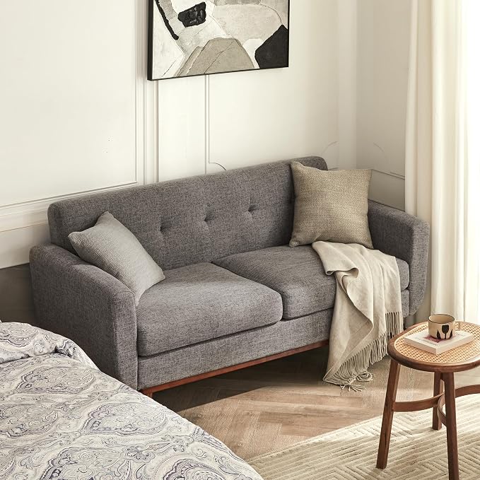 Kingfun 65.2" W Loveseat Sofa, Mid Century Modern Decor Love Seat Couches for Living Room, Button Tufted Upholstered Furniture, Solid & Easy to Install Small Couch for Bedroom Office Apartment, Grey