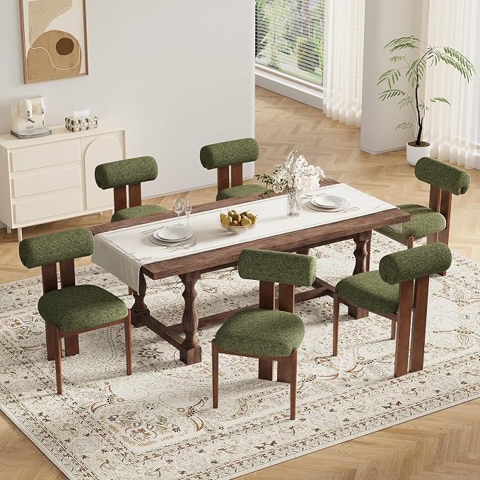 MALOL Modern Wooden Dining Chairs Set of 4, Upholstered Fabric Kitchen Chairs with Sculptural Backrest, Mid-Century Farmhouse Dining Room Chairs with Solid Wood Legs, Green
