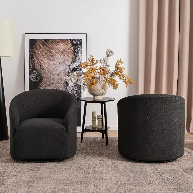 KINWELL 32" Wide Modern Boucle Swivel Barrel Chairs Set of 2, No Assembly Round Upholstered Swivel Accent Armchairs for Living Room, Bedroom (Black)