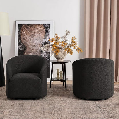 KINWELL 32" Wide Modern Boucle Swivel Barrel Chairs Set of 2, No Assembly Round Upholstered Swivel Accent Armchairs for Living Room, Bedroom (Black)