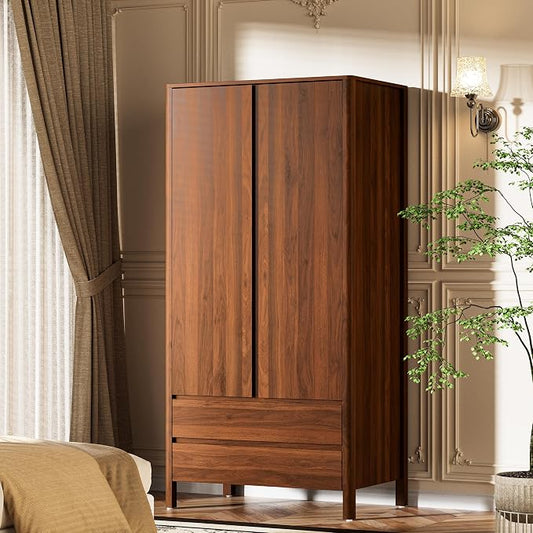Furniway Armoire Wardrobe Closet, 70.9" Tall Wardrobe Cabinet with 2 Doors, 2 Large Drawers and Hanging Rod, Wooden Clothing Storage Cabinet for Bedroom, Cloak Room, Walnut