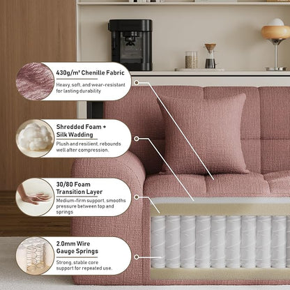 91.5" Modern Boneless Couch for Living Room, Comfy Cloud Sectional Sofa with Deep Seat, Chenille Love Seat Oversized Upholstered 3-Seater Sofa, No Assembly Required Tufted Sofas, Pink
