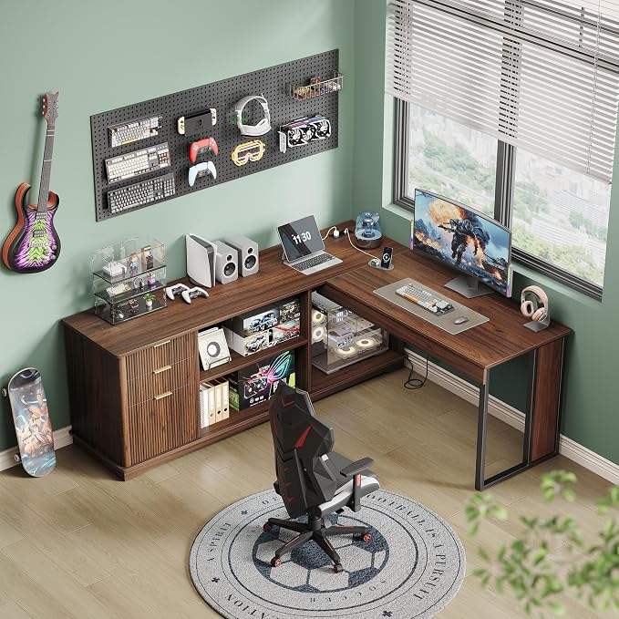 55'' Executive Desk with 3 Fluted Drawers, L Shaped Computer Desk with Lift Desktop & Power Outlets, Storage Shelves, CPU Stand, Industrial Office Desk with Cabinet (Dark Walnut)